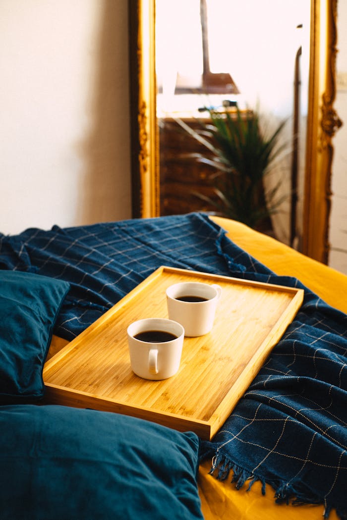 Coffee in White Mugs on Wooden Board on Table